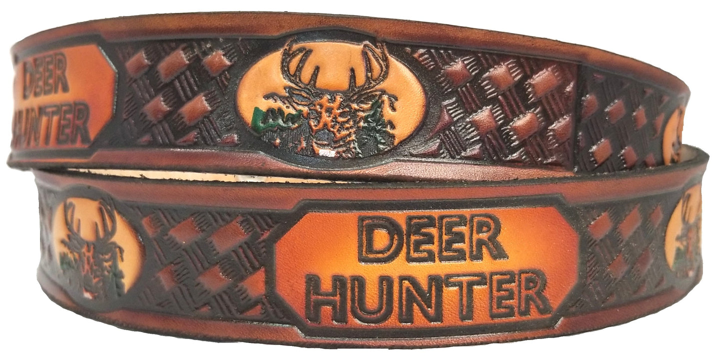 Deer Hunter painted scene embossed leather belt