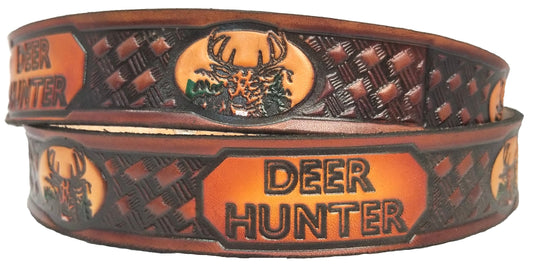 Deer Hunter scene embossed leather belt