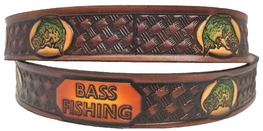 Bass Fishing scene embossed leather belt