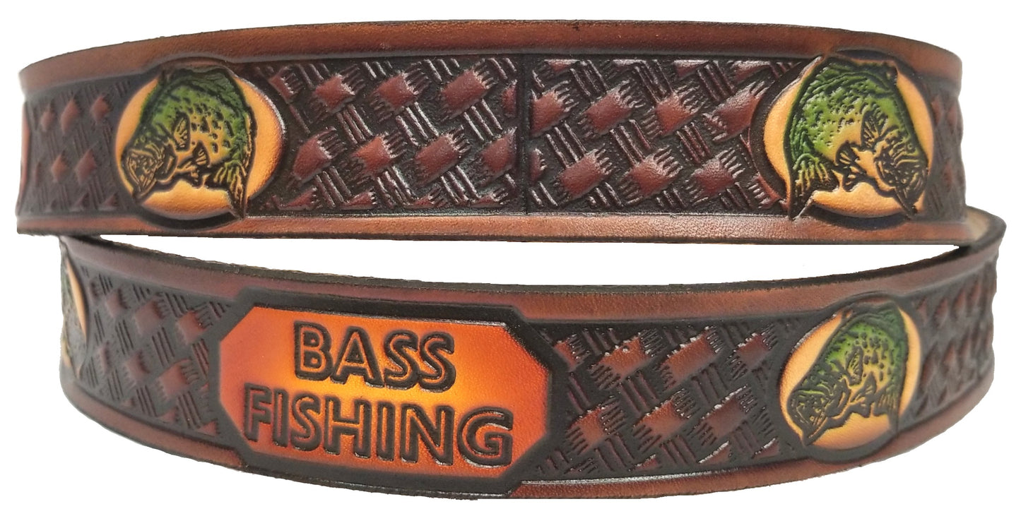 Bass Fishing painted scene embossed leather belt