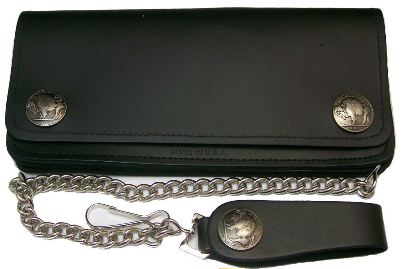 Leather chain wallet with buffalo nickel snaps